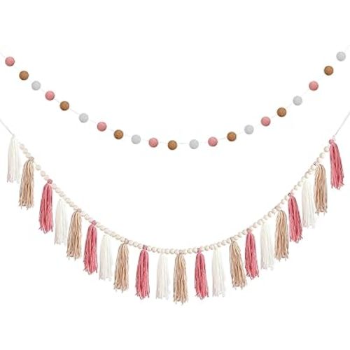 SmoothNovelty 2 Pcs Boho Tassel Garland Decor Include 1 Boho Tassel Garland with Wood Beads and 1 Colorful Pom Pom Ball Wall Hanging Banner for Nursery Classroom Baby Shower Decor(Pink)