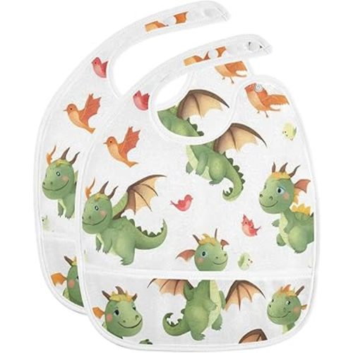 Caikeny Baby Feeding Bibs Dragon Watercolor Bird Infant Drooling Bibs Dinosaur Food Bibs with Pocket for Toddler Girls Boys Set of 2