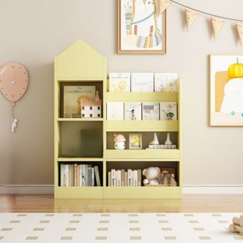 Wooden Kids Bookshelf Toy Storage Organizer with Bookcase, Kid's Bin Storage Unit with 6 Compartments 2 Baskets Bins Toys Box Organizer