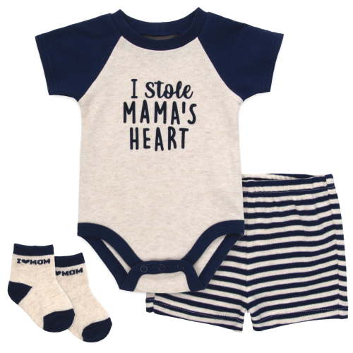 Baby Essentials 6 Months Infant Boys 3 Piece Bodysuit, Shorts, Socks Set Spring Summer Cotton Polyester Outfit in I Stole Mama's Heart Print