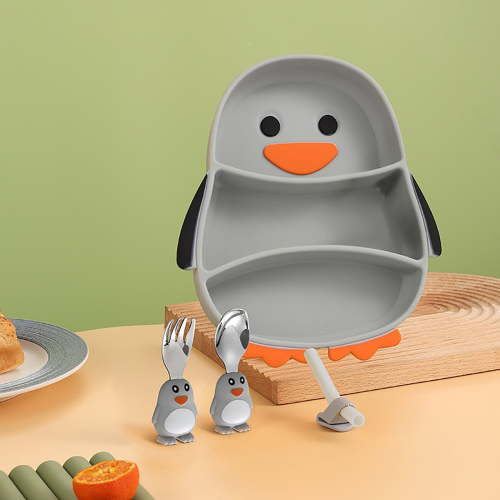 JGJJUGN Penguin Themed Tableware Set | Penguin Silicone Dinnerware | Suction Plates, Cutlery, and Straw | Dishwasher Safe, Durable, Cute Design | Perfect for Mealtime Fun and Easy Cleanup