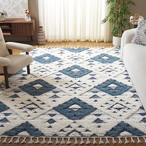 SAFAVIEH Area Rug 8x10 - Moroccan Tassel Shag Collection - Large - Blue & Ivory, Non-Shedding & Easy to Clean, Plush High-Low Texture, Ideal for Living Room, Bedroom, Dining Space (MTS688M)