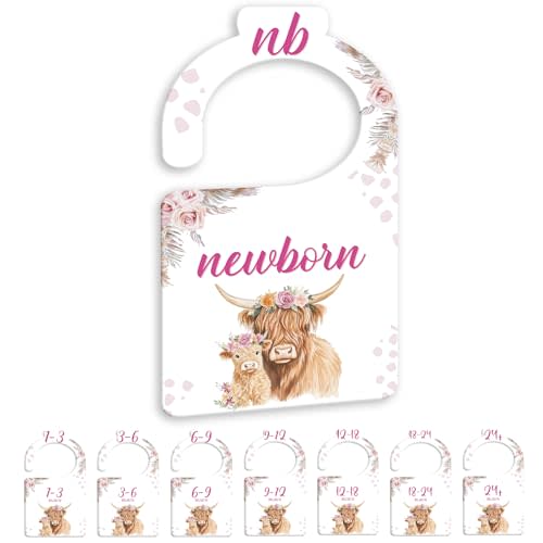 JMOST Hightland Cow Baby Closet Dividers for Nursery Closet Organizer, Newborn to 24 Months Size Clothes, Boho Hangers with Size Dividers, Double Sided