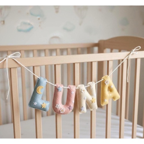 Handmade Felt Name Garland, Crib Name Banner: Moon and Stars Theme Boho Nursery Decor