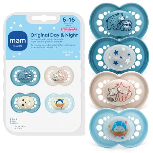 MAM Original Baby Pacifiers 6-16 Months, Binky for Newborn Babies, BPA-Free Skin Soft Silicone Nipple, Glows in The Dark, Developed with Medical Experts, 4 Count, Made in Europe