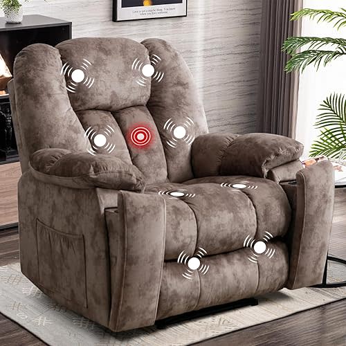 INZOY Recliner Chair for Living Room, Soft Fabric Heated Recliner with Massage and Heat, Nursery Chairs, Manual Sofa Chair with Cup Holder Home Theater Seating with Lumbar Support, Brown