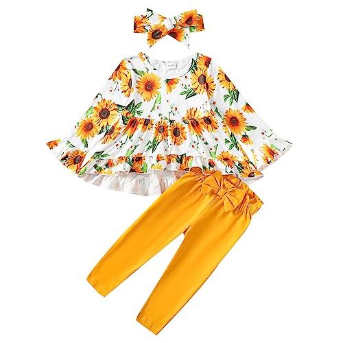 Kucnuzki Baby Girl Clothes Toddler Girl Outfit Ruffle Sleeve Shirt Floral Pant Set Fall Winter Clothing for Girl