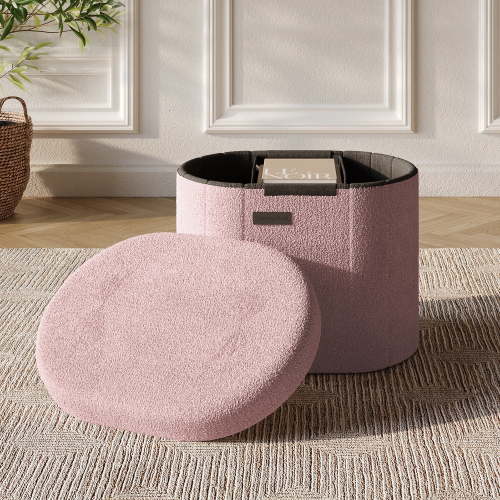 Hearth & Harbor Oval Storage Ottoman Bench, Boucle 18" Ottoman with Storage , Pink