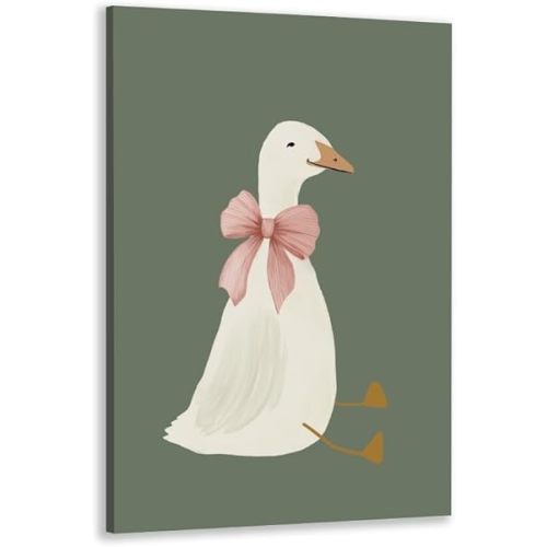 Silly Goose Bow Canvas Prints - Cute Goose Poster, Sage Green Nursery Wall Decor, Farm Animal Print, 8x12 Inch Framed