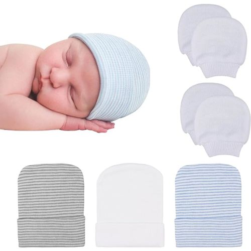 DRESHOW BQUBO Newborn Hospital Hat and Mittens Infant Baby Beanie Soft Cotton Cute Knot Nursery Cap for 0-3 Months Girls Boys