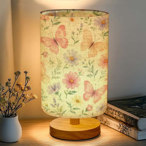 16-Color Dimmable Table Lamp, Delicate Butterflies Pink Flowers Dreamy Garden Setting Bedside Nightstand Light with Wood Base Fabric Shade, Gifts for Kids Bedroom Nursery Living Room Office