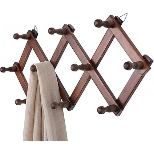 Expandable Hat Hanger for Wall,10 Wall Hooks Organizer for Hat, Coat, Cap, Mug - Space Saving Wall Mounted Hat Rack for Living Room, Entryway, Office (Brown, 10 Hooks)