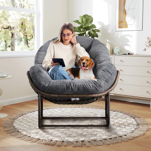 Large Indoor Rocking Chair, Oversized Rocking Papasan Chair with Thick Cushion & Frame, Comfy Corduroy Rocker Wicker Egg Chairs Lounge Reading Chair for Living Room, Bedroom, Apartment, Charcoal Grey