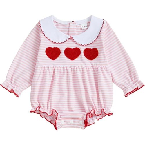 Seyurigaoka Valentine Baby Girl Outfit Heart Embroidery Long Sleeve Pink Romper Newborn Valentines day Bodysuit 0-18M
