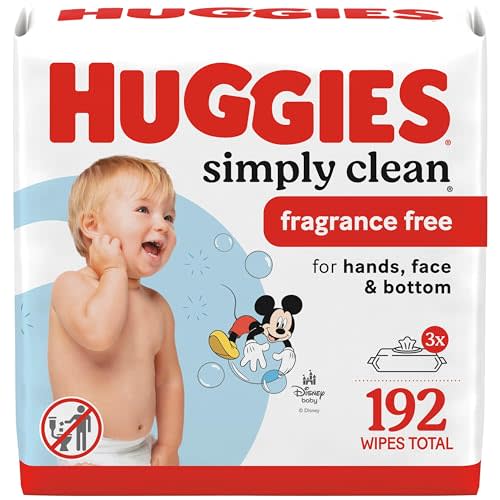 Huggies Simply Clean Unscented Baby Diaper Wipes, 3 Flip-Top Packs (192 Wipes Total), Packaging May Vary