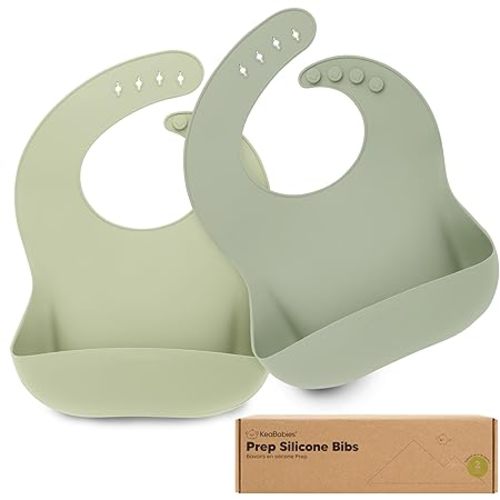KeaBabies 2-Pack Silicone Bibs for Babies, Toddlers Girl, Boy – Sturdy Food-Grade Baby Bibs for Eating, Large Food Catcher, Clean & Put On Easily, Waterproof Toddler Feeding Essentials (Sage)