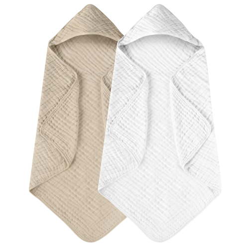 Yoofoss Hooded Baby Towels for Newborn 2 Pack 100% Muslin Organic Cotton Baby Bath Towel with Hood for Babies, Infant, Toddler and Kids, 32x32Inch, Soft and Absorbent Newborn Essential