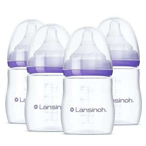 Lansinoh Anti-Colic Baby Bottles for Breastfeeding Babies, 5 Ounces, 4 Count, Includes 4 Extra Slow Flow Nipples, Size XS