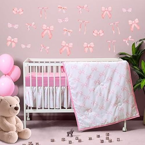 5 Pcs Pink Bow Theme Crib Bedding Set Include Bow Knot Print Crib Sheets Bed Skirt Comforter Pad Cover Wall Stickers for Girls Princess Nursery Room Decoration
