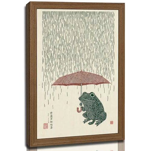 Framed Japanese Frog Canvas Wall Art - 12x16in | Whimsical Frogs With Umbrella Rain Picture Wall Decor Poster Print Artwork for Bedroom Living Room Home Decoration