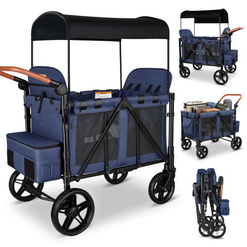 Vomeast Wagon Stroller for 4 Kids, 3-in-1 Outdoor Baby Stroller Wagon with Canopy, 5-Point Harness, Blue