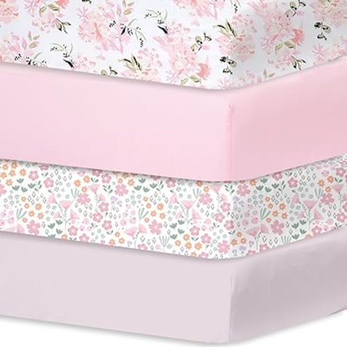 Little Grape Land Crib Sheets for Boys Girls,Baby Crib Sheets Fitted 4PK for Standard Crib and Toddler Bed Mattress,52"x28"Soft Breathable Microfiber Crib Mattress Cover with Cute Patterns(Flower)