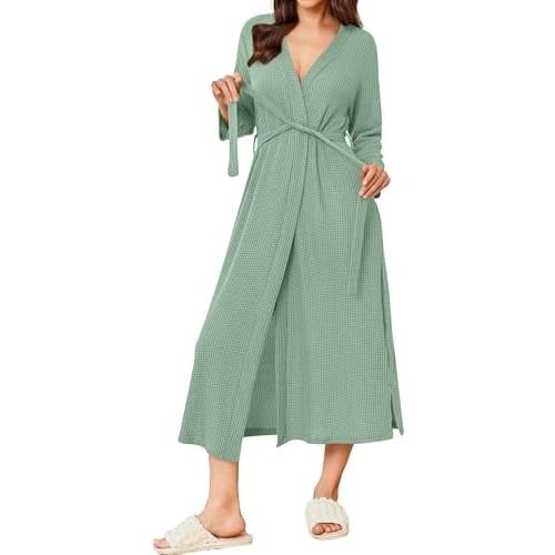 Ekouaer Women's Robe Long Waffle Knit Bathrobe Lightweight Soft Kimono Robes Loungewear S-XXL