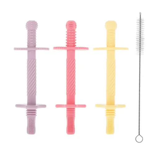 Nuby Sensory Silicone Tube Teethers - (3 Pack) Textured Infant and Baby Teether Toys - 3+ Months - Purple, Pink, and Yellow