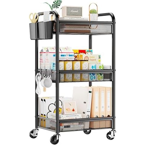 YASONIC 3 Tier Rolling Cart – Metal Utility Storage Carts with Wheels, Craft Cart Organizer with Hanging Cups, Hooks, Mesh Basket for Bedside Kitchen Office Art, Black