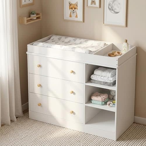 Garvee Baby Changing Table with Drawers and Open Shelves