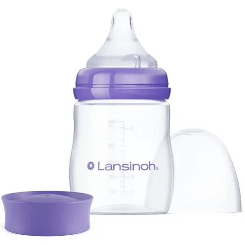 Lansinoh Anti-Colic Baby Bottle for Breastfeeding Babies, 5 Ounces, 1 Count, Includes 1 Slow Flow Nipple, Size S and Stackable Lid