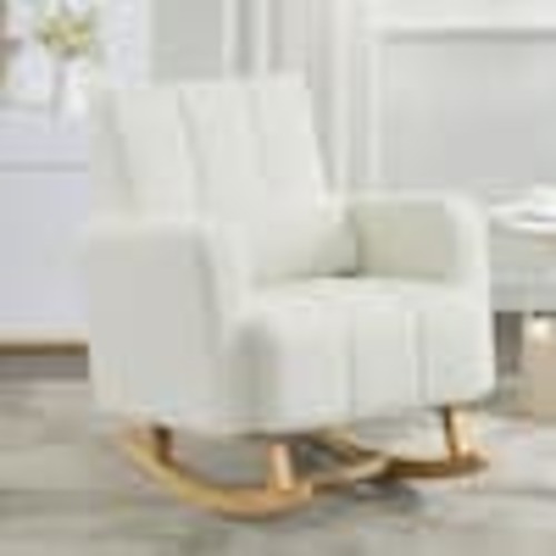 CHRISTOPHER KNIGHT HOME Stow Modern Cream White Teddy Velvet Fabric Upholstery Accent Arm Chair, Solid Wood Base Rocking Chair with Pillow 137719