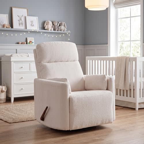 Oversized Swivel Rocker Recliner Chair with Heat and Massage, Rocking Chair with Adjustable Headrest, Manual Recliner, Glider Recliner with 2 Pillows, Chenille White