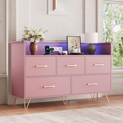 Hipicute 5 Drawer Dresser for Bedroom, Modern Pink Dresser with Led Lights & Charging Station, Compact Wood Chest of Drawers Clothes Storage Organizer for Closet Dorm Nursery Living Room