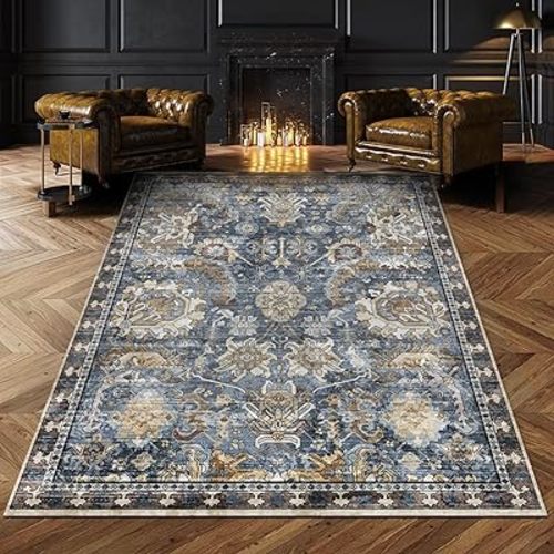 RUGSURE Washable Area Rugs - Stain & Water Resistant Non-Slip Backing - Pet & Child Friendly Vintage Tribal Design in Navy with Beige, Brown & Gold Accents - Ideal for Living Room (8' x 10')