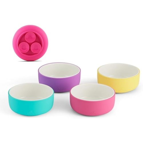Elk and Friends Kids Porcelain Bowls with Silicone Suction Sleeve | Kids/Toddler/Baby Feeding | Microwave & Dishwasher Safe | Non slip | Cereal/Soup/Snack Dishes & Dinnerware