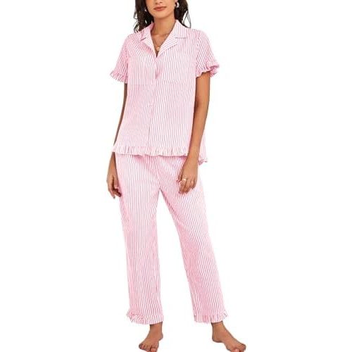 Flygo Womens Striped Pajama Sets Soft 2 Piece Cotton Sleepwear Pjs