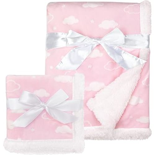American Baby Company Heavenly Soft Chenille Sherpa Blanket Set, Receiving Blanket (30" x 35") & Security Blanket (14" x 14"), 3D Pink Cloud, for Girls
