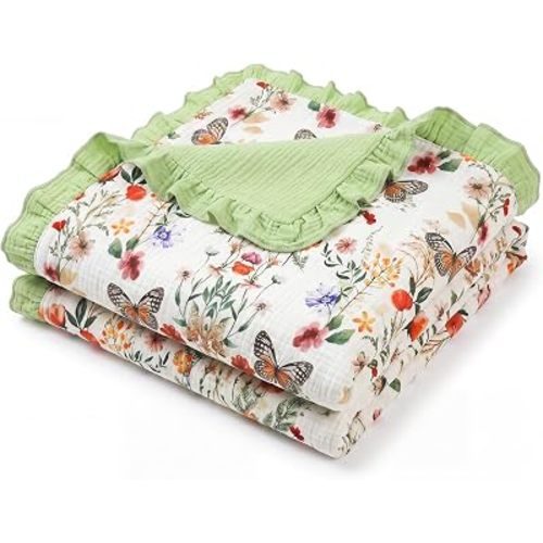 Flounce Muslin Baby Blanket for Girls Boys, 100% Cotton Crib Swaddle Blankets, Green Butterfly Blanket for Infant Toddler 40 x 36 Inch Soft and Lightweight Nursery Swaddling Wrap