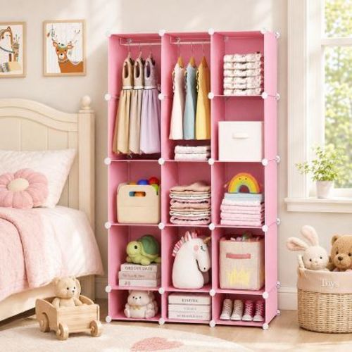 Modular Kids Storage Wardrobe with 13 Cubes and Hanging Rod Pink