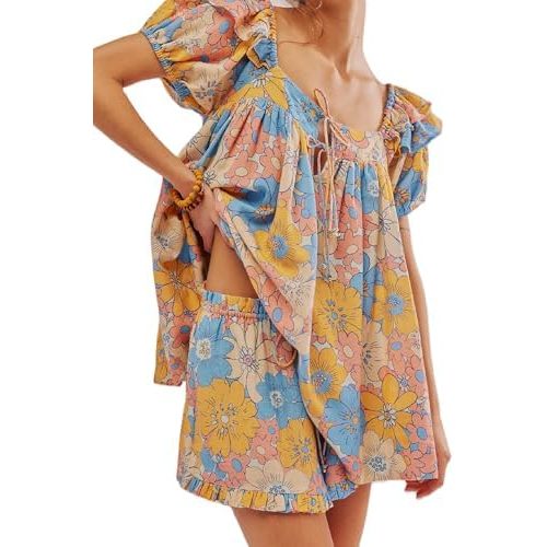 ROAONOCOMO Women Floral Pajama Set Ruffle Puff Sleeve Peplum Shirt Coquette Pj Set Bow Babydoll 2 Piece Shorts Outfit