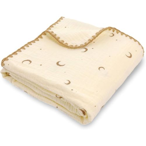 Double Layered 100% Cotton Muslin Baby Blanket Ultra-Soft 40x40 Inch Swaddling Nursery Crib Blanket（Moon Stars）
