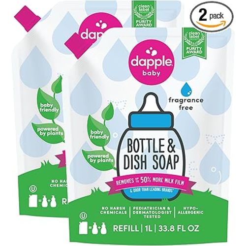 Dapple Baby Fragrance-Free Bottle & Dish Soap Refill Pouch - (2 Pack) 33.8 fl oz - Plant-Powered Cleaner for Baby Bottles, Pump Parts, and Sippy Cups