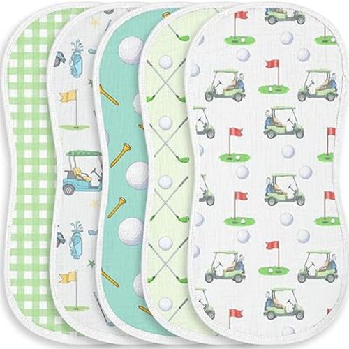 5 Pack Baby Burp Cloths for Boys Girls, Soft Cotton, Golf Sport Theme Design, Super Absorbent Baby Burping Cloths for Newborns, Machine Washable and Reusable Baby Spit-Up Cloths