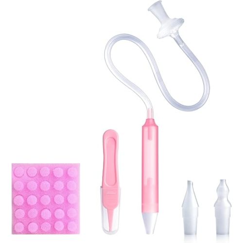 Baby Nasal Aspirator Nasal Congestion Relief with 25 Hygiene Filters 2 Silicone Tips with Nose Cleaning Tweezer, Pink