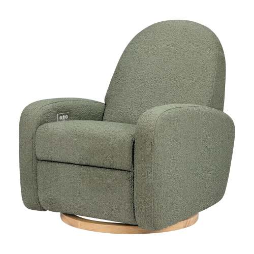 Nami Glider Recliner w/ Electronic Control and USB - Olive Boucle w/Light Wood Base