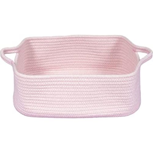 Woven Cotton Rope Storage Basket with Handles for Organizing Shelves Closet Small Cat Dog Pet Toy Baskets Box Bin Decorative Rectangle Baby Nursery basket Gift Basket Empty Light pink