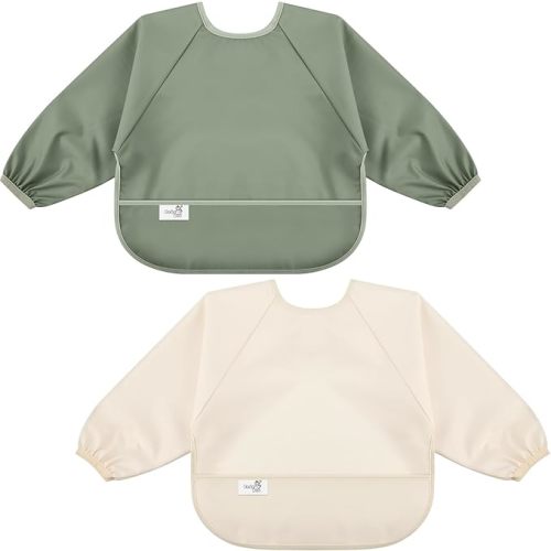 Long Sleeve Baby Bib, Waterproof Fabric, Full Coverage with Catch-All Pocket, 6-24 Months, 2-Pack