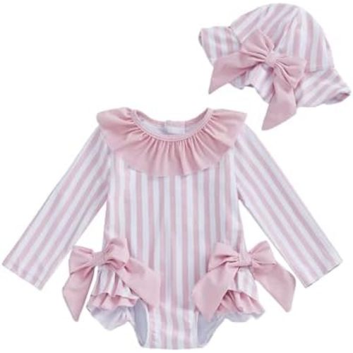 Toddler Girl Solid Swimsuit Baby Long Sleeve Rash Guard Bathing Suit Girl One Piece Swimwear with Sun Hat