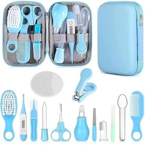 Baby Grooming Kit, Infant Safety Care Set with Hair Brush Comb Nail Clipper Nasal Aspirator,Baby Essentials Kit for Newborn Girls Boys (Blue)
